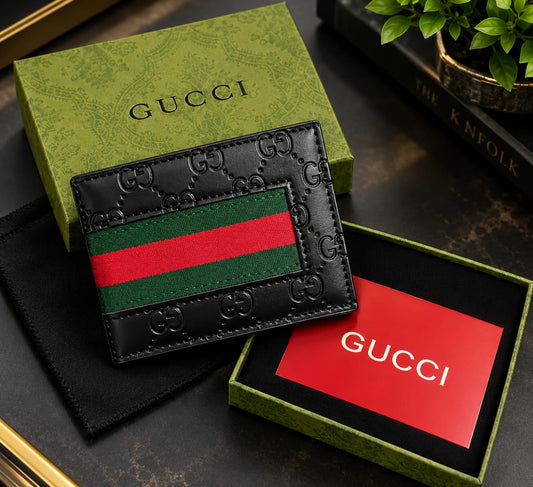 Premium Black Embossed Leather Wallet – Green & Red Stripe Edition