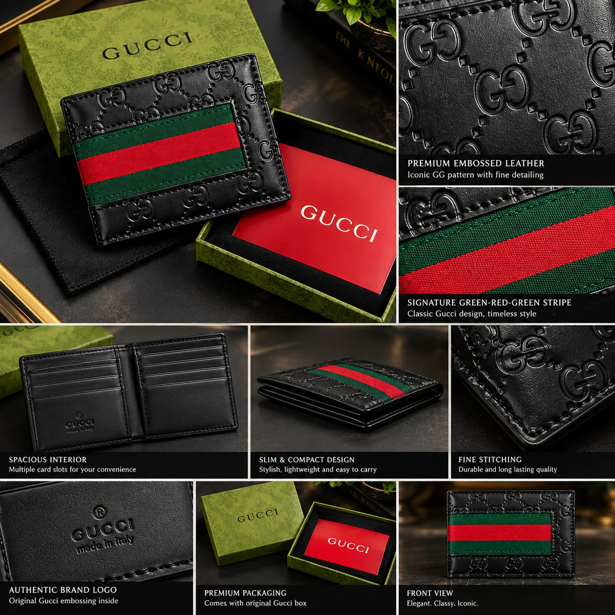 Premium Black Embossed Leather Wallet – Green & Red Stripe Edition