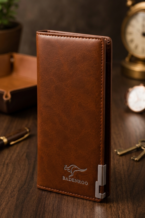 BADENROO Premium Vegan Leather Long Wallet for Men – Slim Business Clutch with Signature Kangaroo Logo & Metal Accent