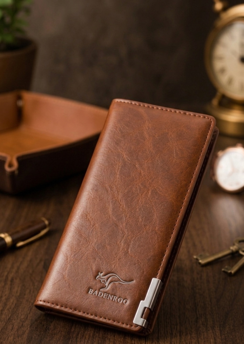BADENROO Premium Vegan Leather Long Wallet for Men – Slim Business Clutch with Signature Kangaroo Logo & Metal Accent