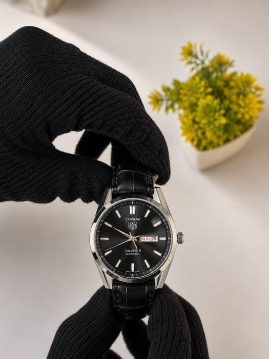 TAG Heuer Carrera Calibre 5 – Elegant Silver Dial with Black Leather Strap