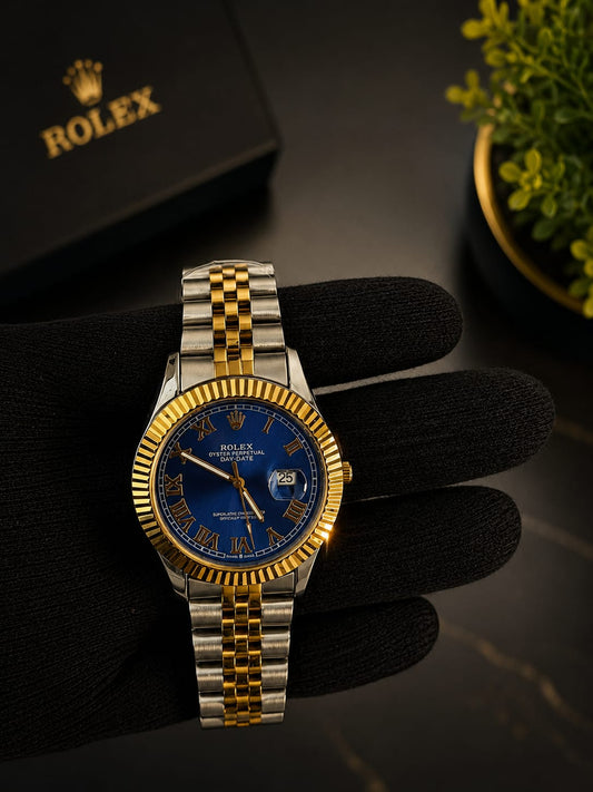 Rolex Day-Date Classic Silver & Gold Watch – Royal Blue Roman Dial